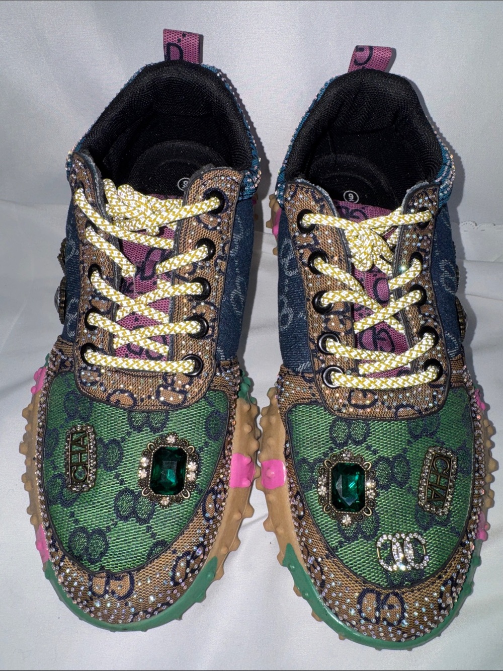 Multicolor Embellished Logo Sneakers - Green, Brown, Pink Accents size 9